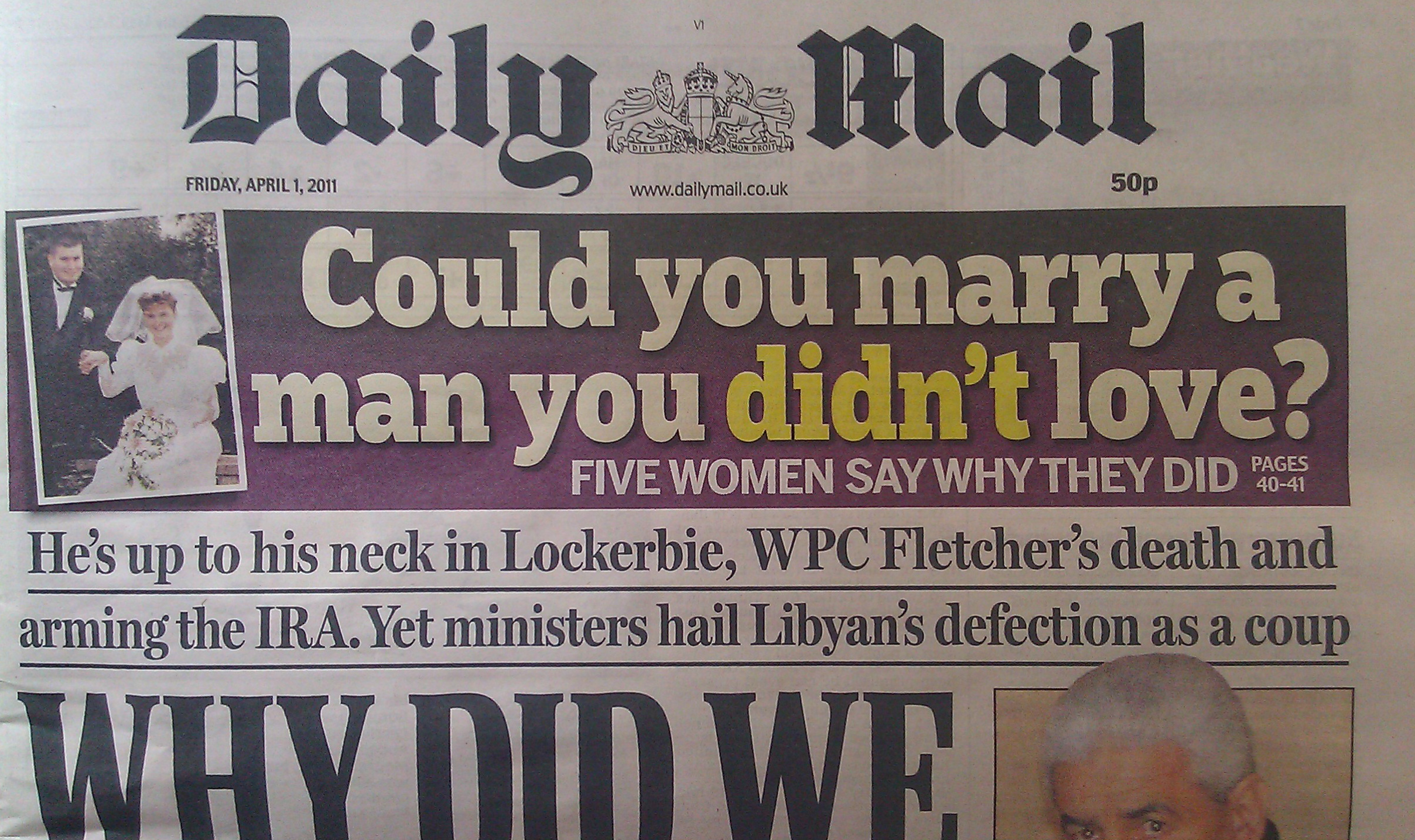 Could you marry a man you didn't love - trailed on the front page of the Daily Mail.