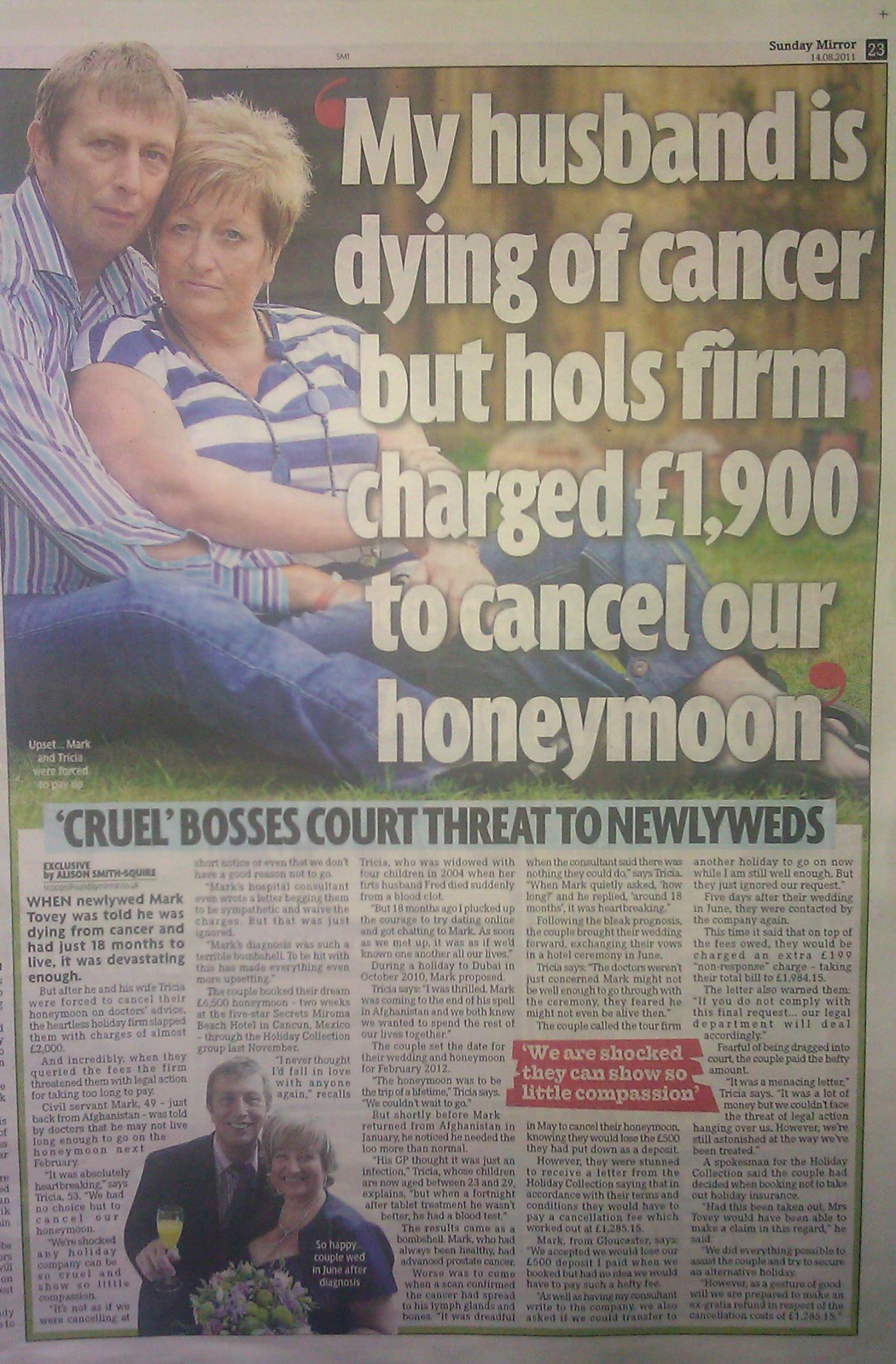 Man with terminal cancer charged £1900 to cancel his honeymoon...